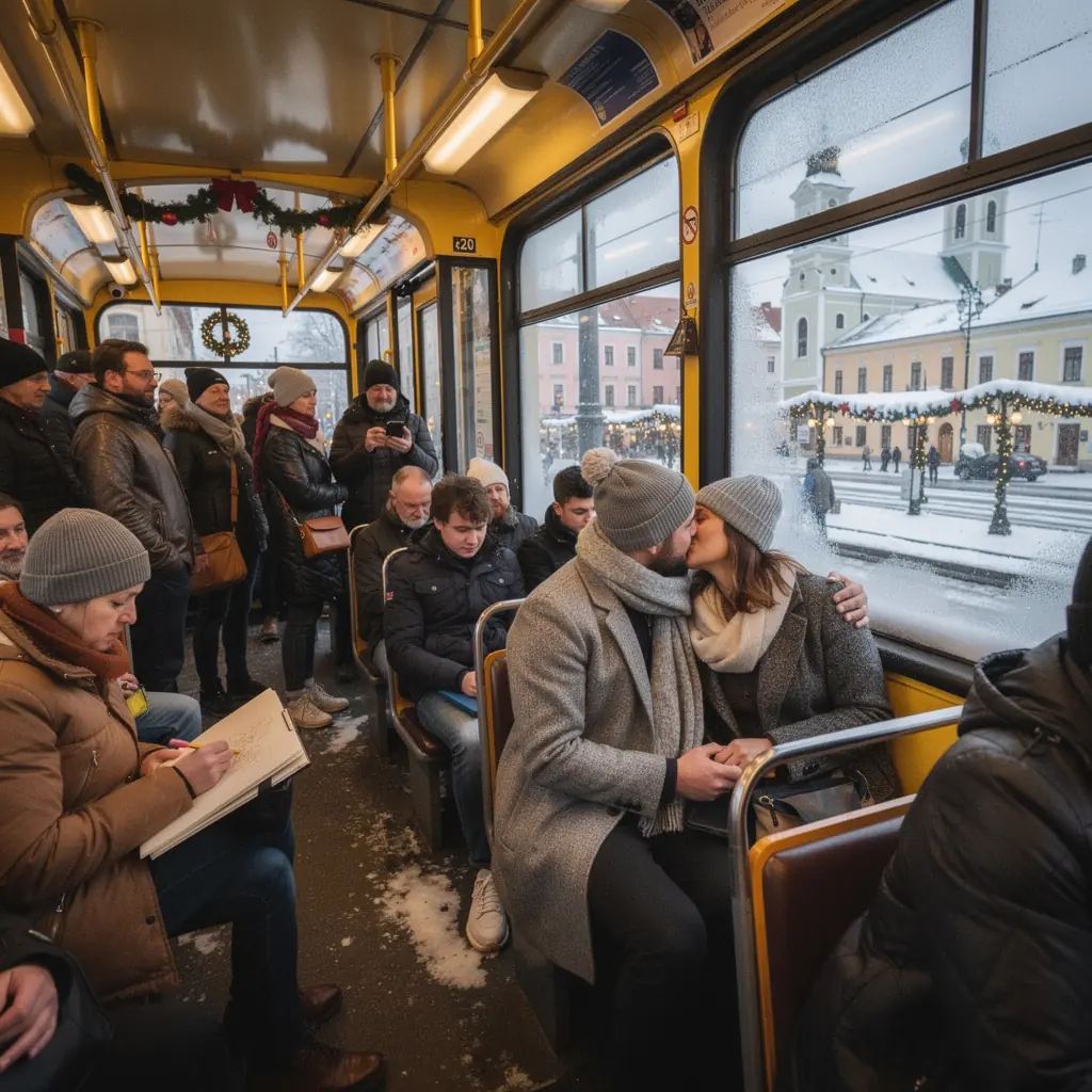 A scenic view of a snow-covered Slovak city street lined with charming historic buildings.