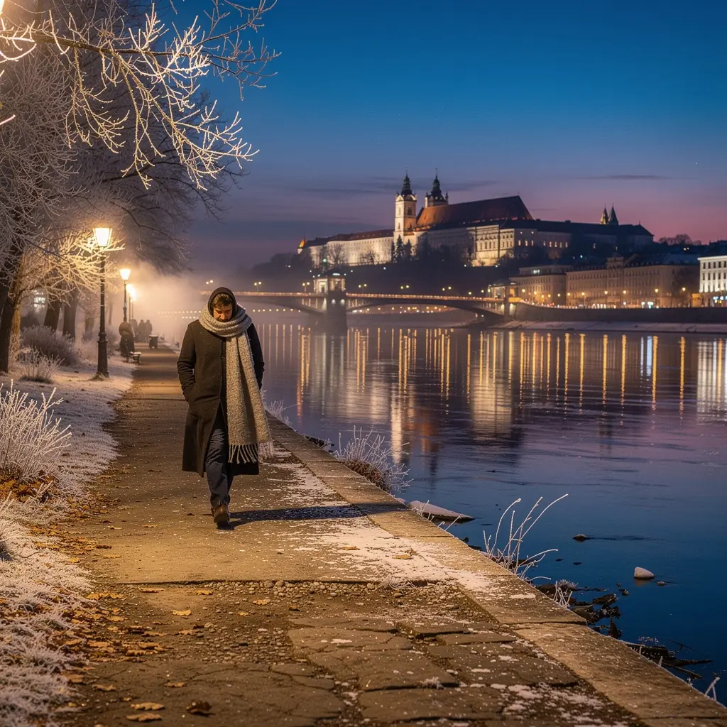 An inviting indoor café with warm lighting, showcasing traditional Slovak pastries and hot beverages.